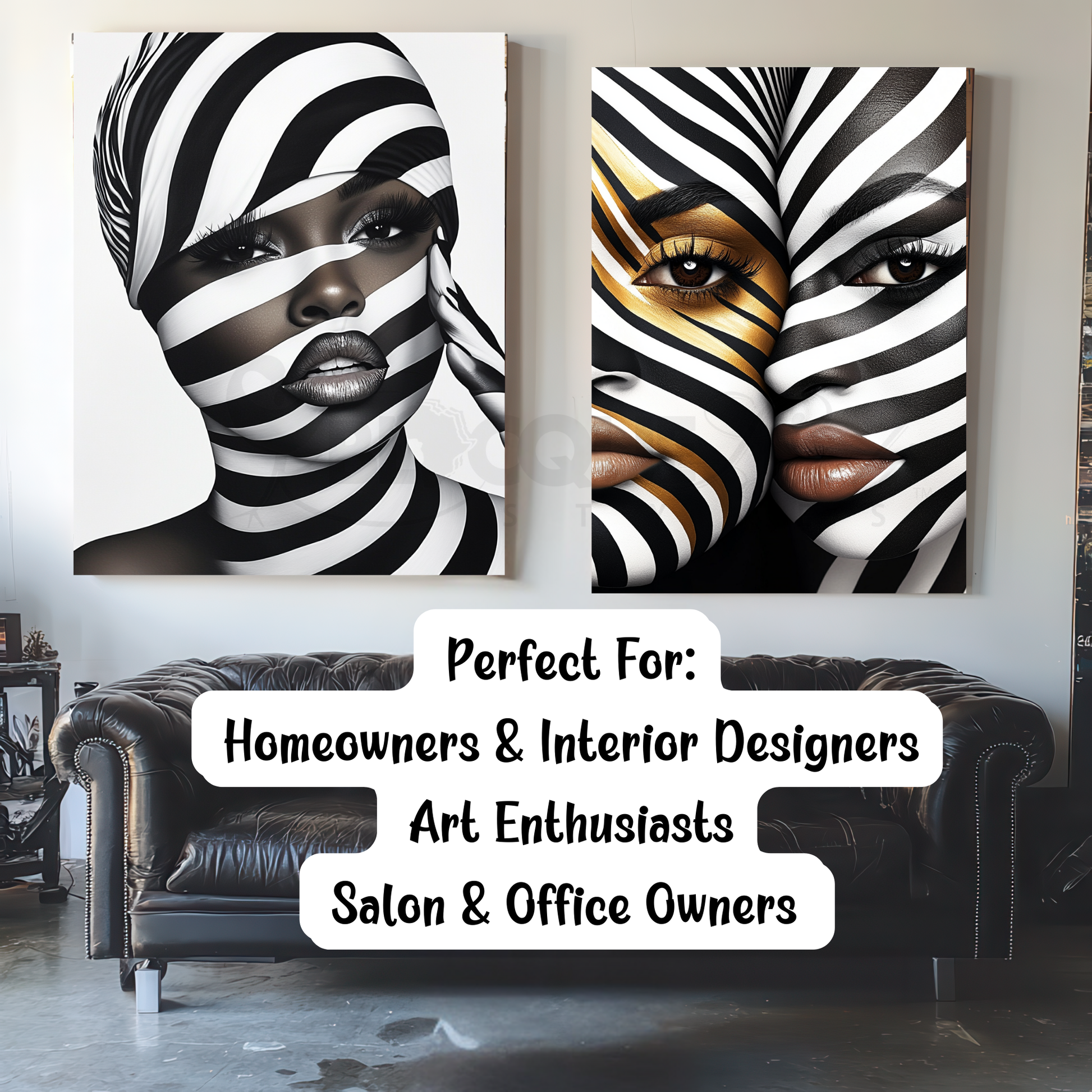 This digital artwork, titled Strength in Black & White Stripe, features a bold and abstract portrait of an African American woman. Her face is elegantly defined by high-contrast black and white tones, with striking gold accents adding depth and sophistication. The artwork is a fusion of modern and Afrocentric styles, using expressive lines and abstract patterns to symbolize strength, resilience, and cultural pride. The composition is powerful, making a statement about beauty, identity, and encouragement.