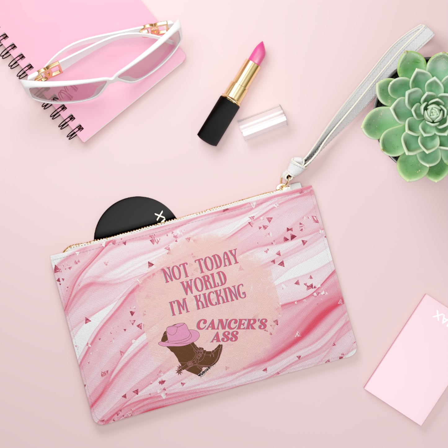 *Clearance* Breast Cancer Affirmation Clutch Bag – “Not Today World, I’m Kicking Cancer’s Ass”