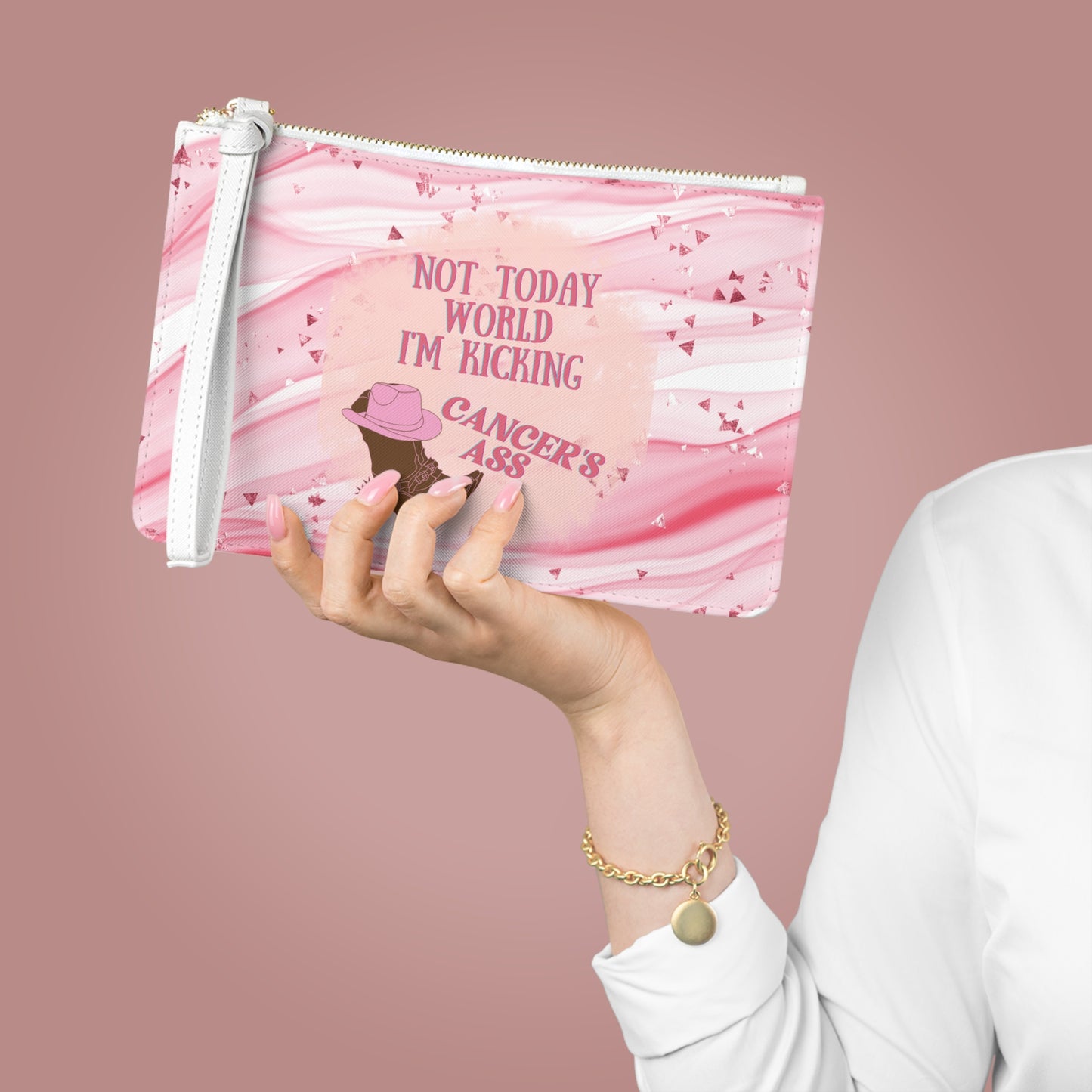 *Clearance* Breast Cancer Affirmation Clutch Bag – “Not Today World, I’m Kicking Cancer’s Ass”