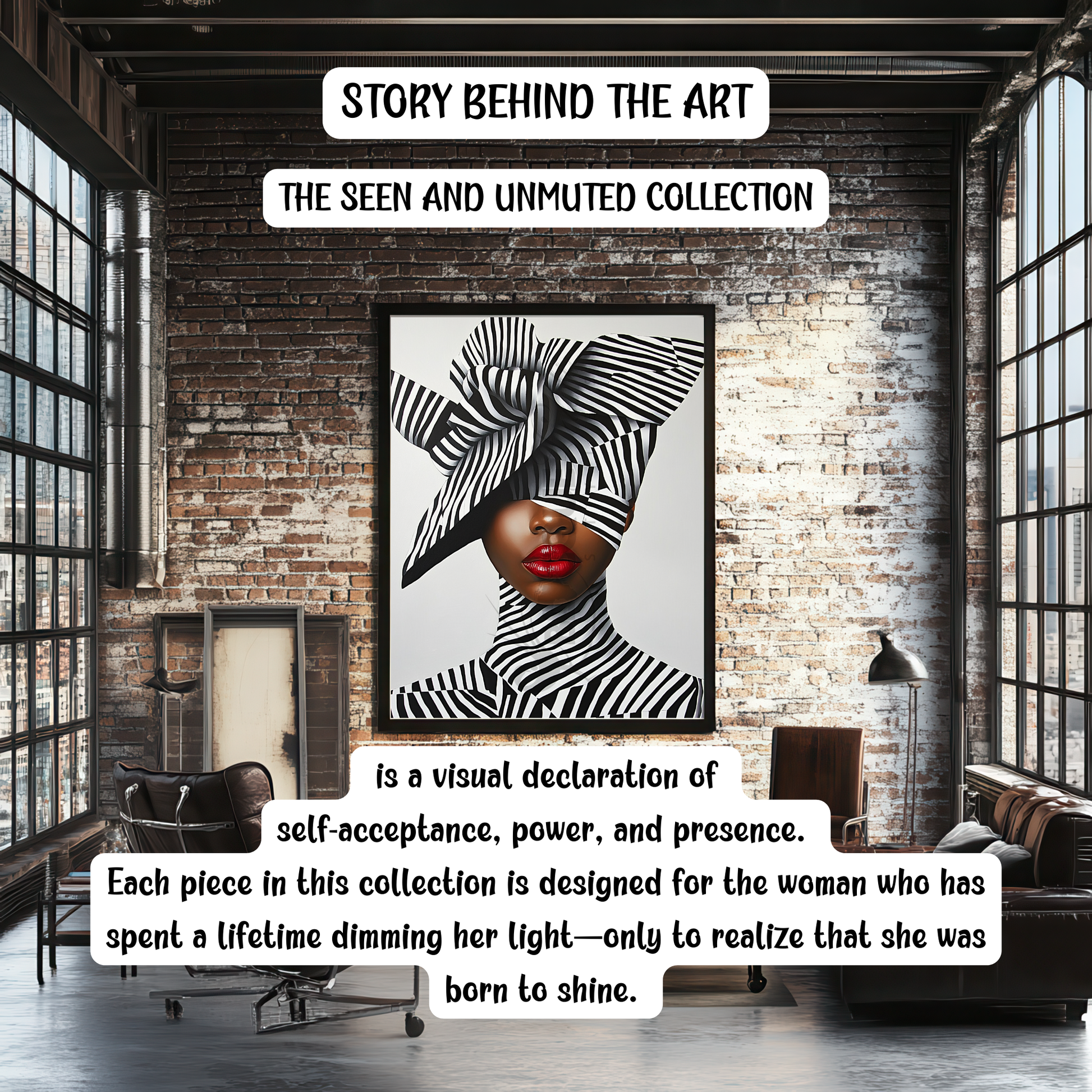 A striking digital portrait of a Black woman adorned in bold geometric patterns, exuding strength and self-acceptance. High-contrast black-and-white Afrocentric artwork symbolizing power, resilience, and unapologetic beauty. A statement piece for modern decor.