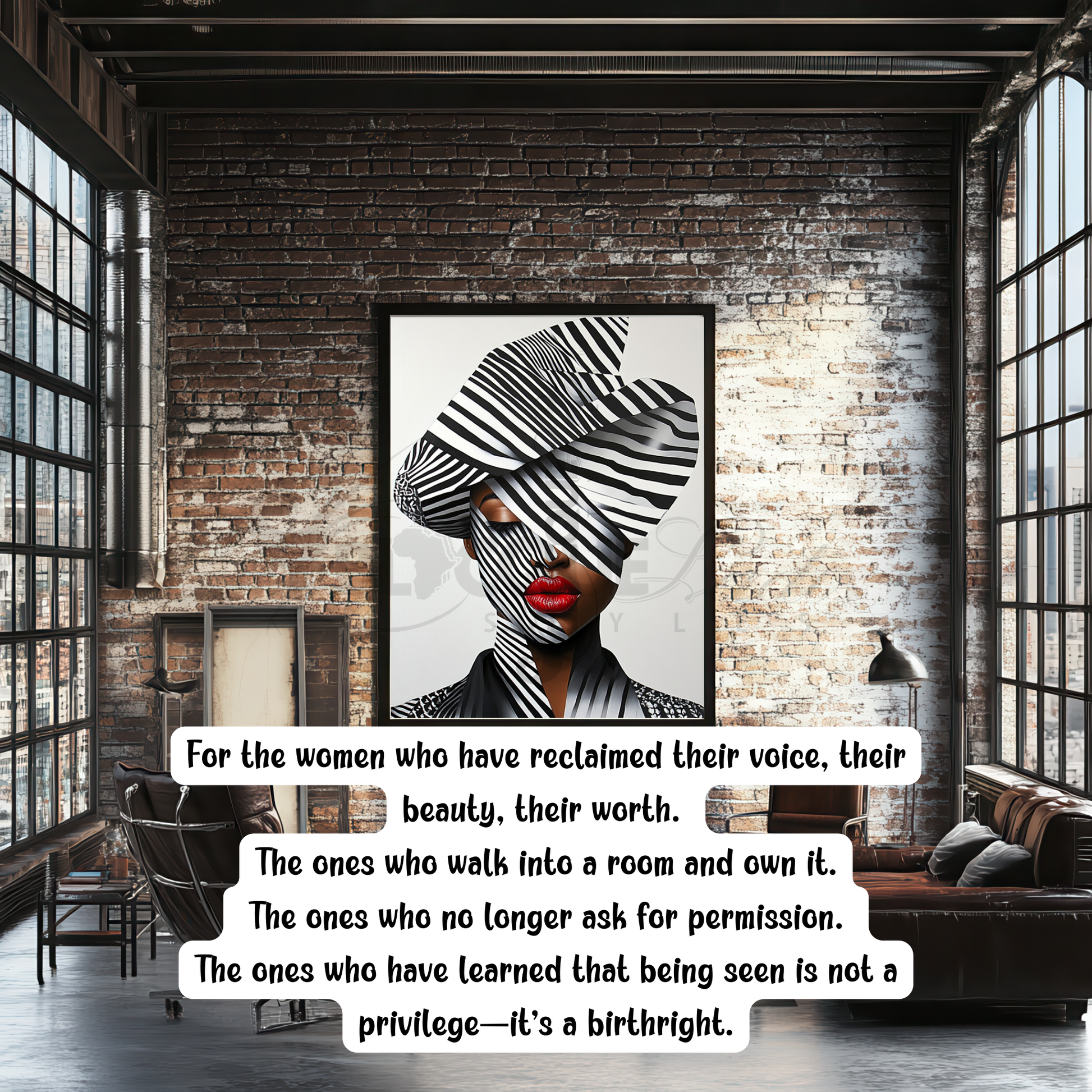 A striking digital portrait of a Black woman adorned in bold geometric patterns, exuding strength and self-acceptance. High-contrast black-and-white Afrocentric artwork symbolizing power, resilience, and unapologetic beauty. A statement piece for modern decor.