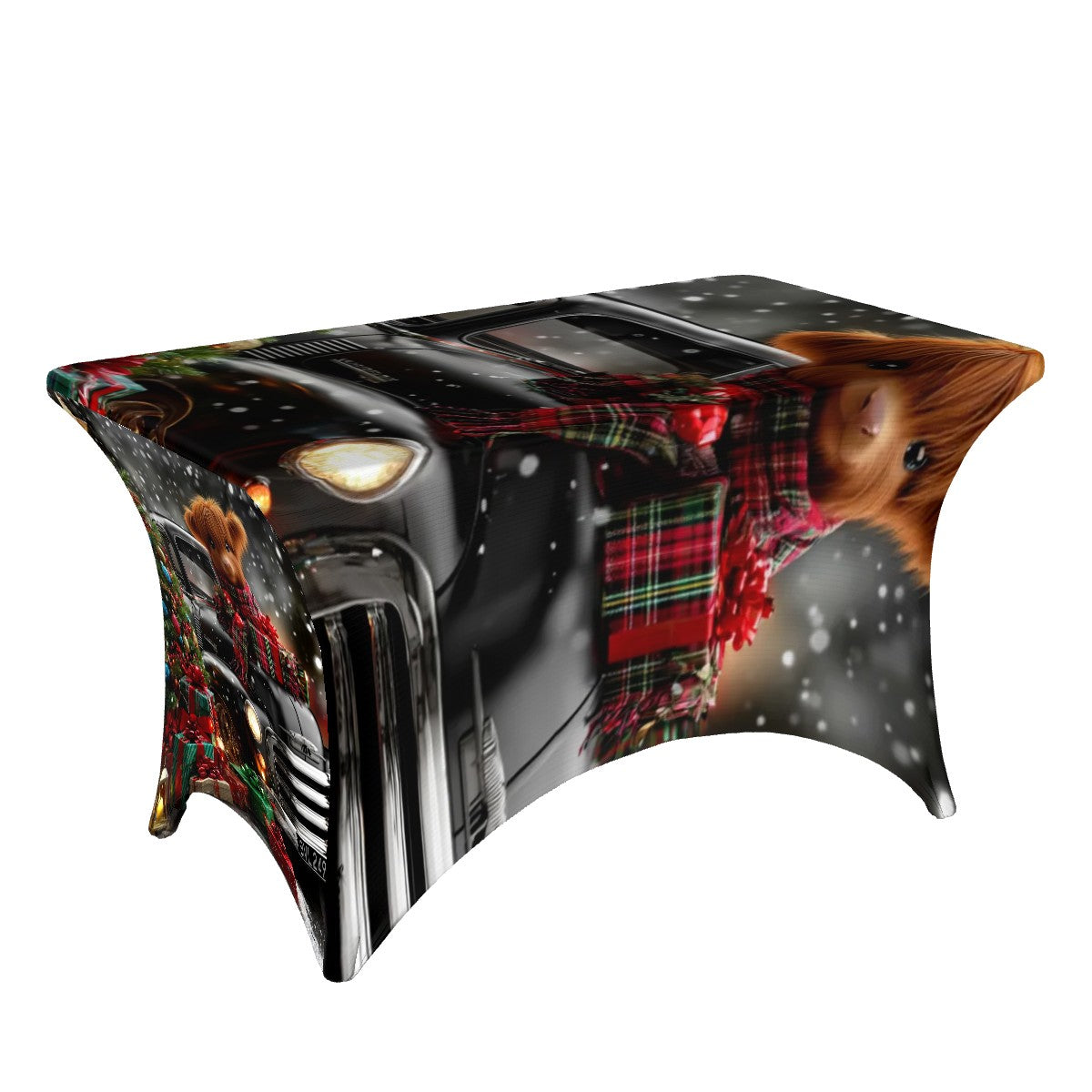Christmas Table Cover | Vintage Truck with & Tree | 4ft Holiday Stretch Tablecloth