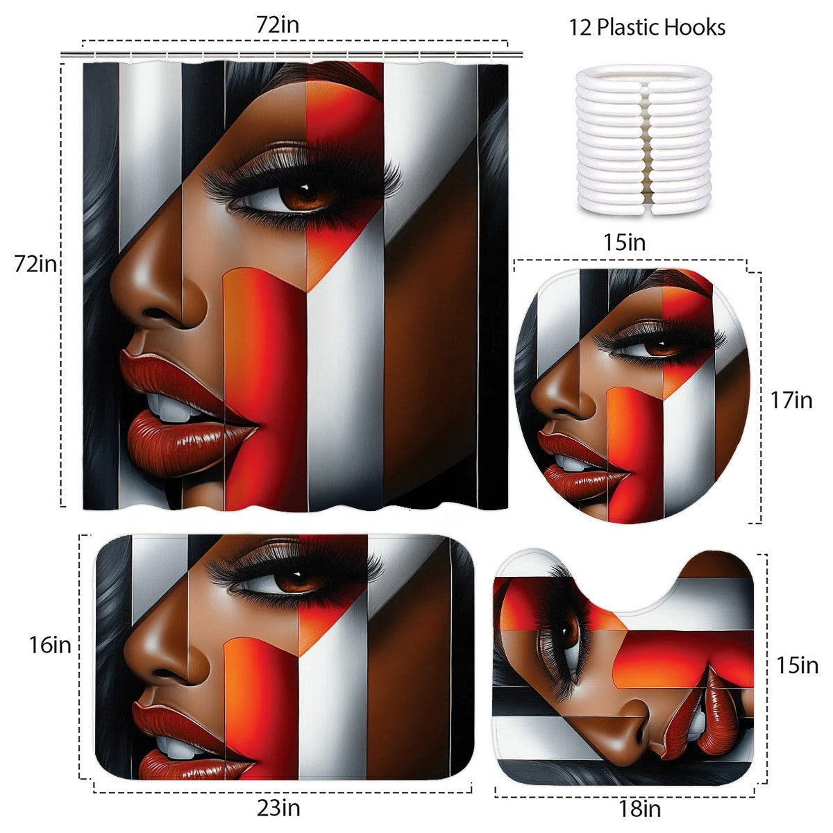Black Woman Bathroom Wall Art Set | “I’m Looking at You” Afrocentric Queen | Chic Red Black Abstract Shower Curtain + Rug Decor