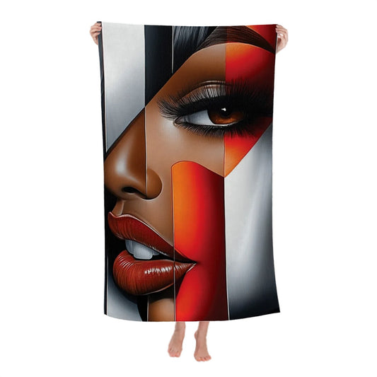 Black Woman Bathroom Wall Art Towel | “I’m Looking at You” Afrocentric Queen | Chic Red Silver Abstract Bath Towel