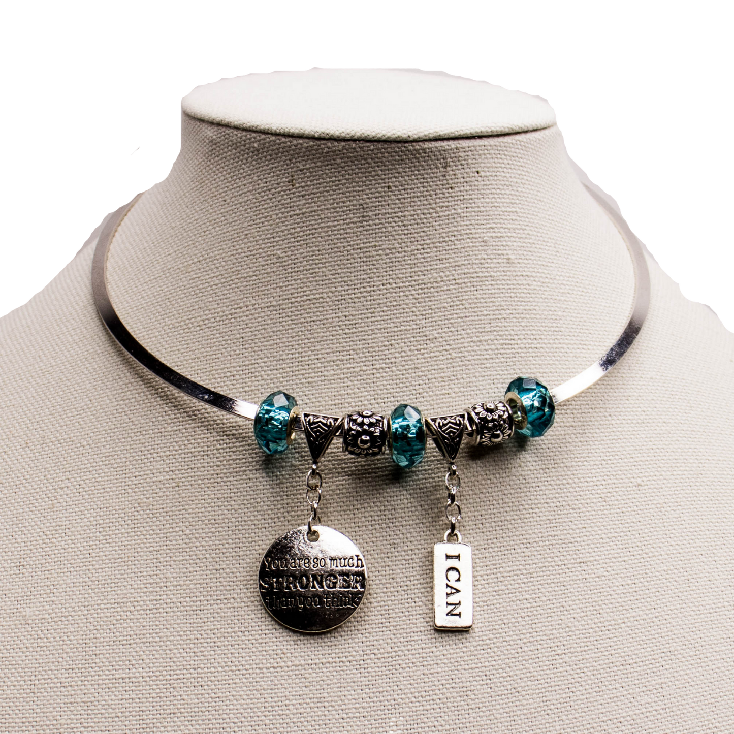 You Are Stronger Than You Think & I Can - Affirmation Charm, Sky Blue Chunky Beads , Silver Necklace choker