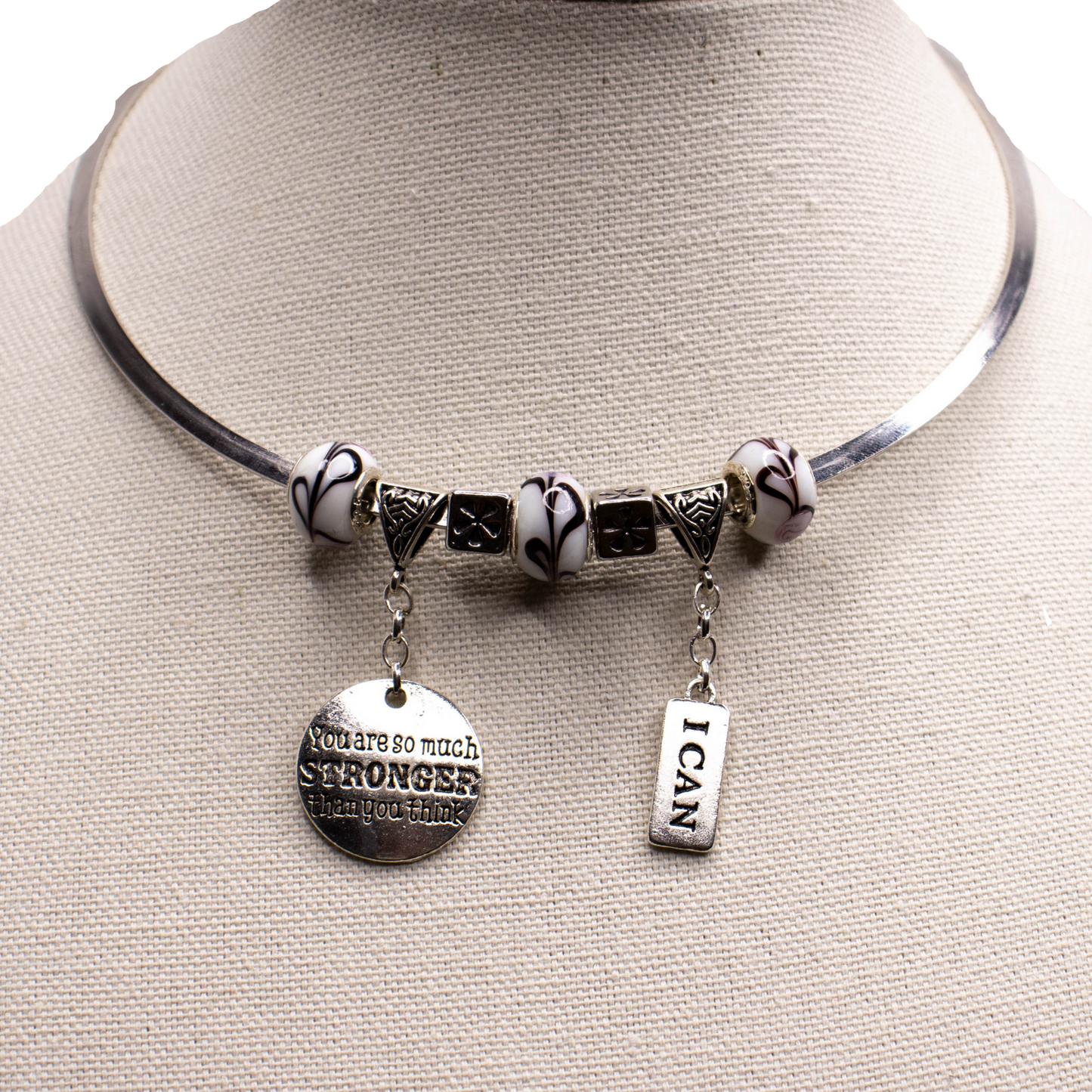 You Are Stronger Than You Think & I Can - Affirmation Charm Swirl & White Chunky Beads Silver Necklace choker