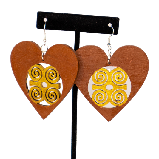 Heart shape-DWENNIMMEN/ Adinkra symbol/ Afrocentric/Bohemian/Afro-Punk/West Africa Geometric Dangle Wood Earrings/Brown/ gold