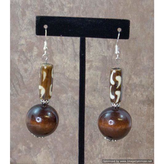 bohemian, African Tribal, Afro-Punk Wood Ball Tube Dangling Bead Earrings Tiger stripes