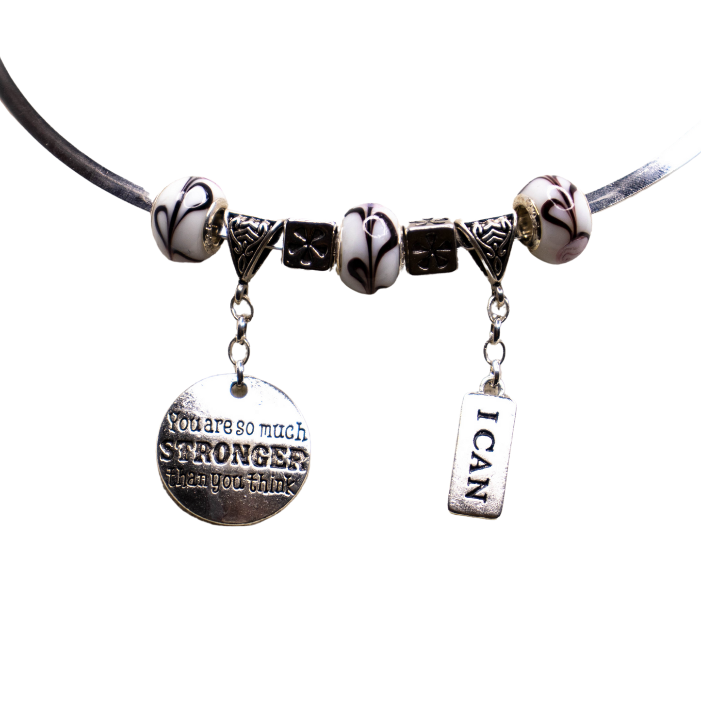 You Are Stronger Than You Think & I Can - Affirmation Charm, Swirl & White Chunky Beads , Silver Necklace choker