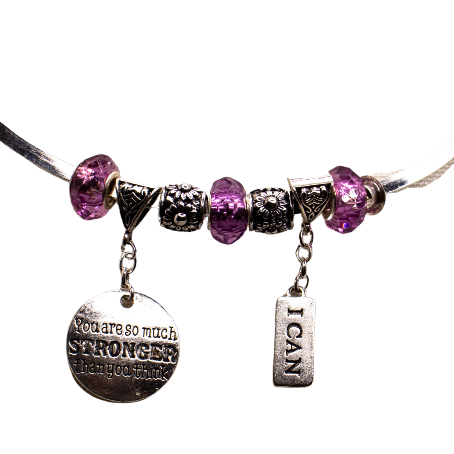 You Are Stronger Than You Think & I Can - Affirmation Charm, Purple Chunky Beads , Silver Necklace choker