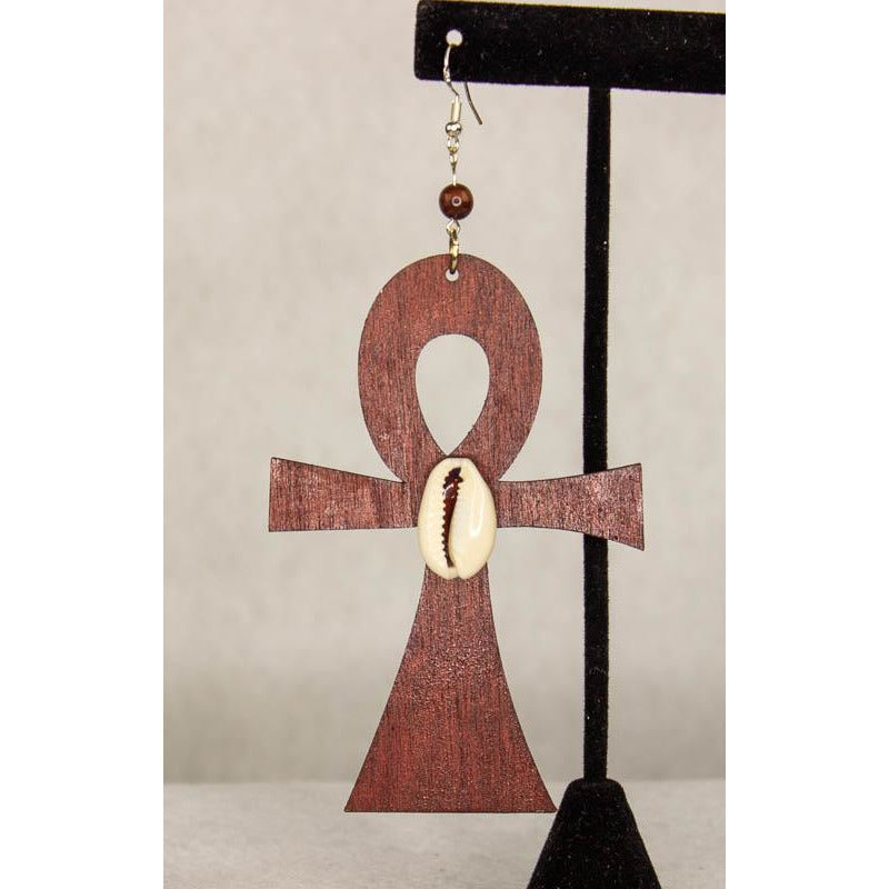 ANKH with Crowie Shell -Cultural Conscious/West African/AfroPunk Wood Brown Earring