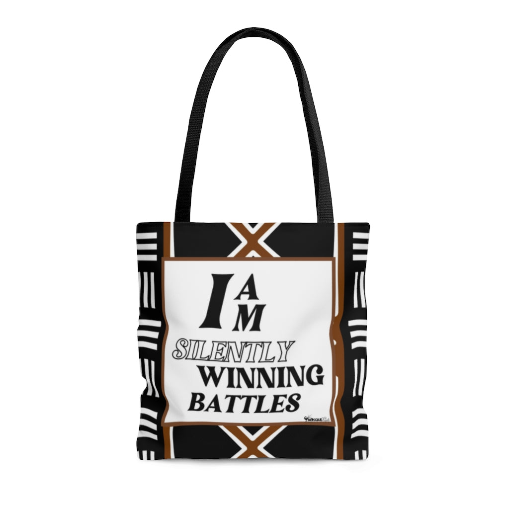 "I Am Silently Winning Battles", Positive Affirmation Quote Tote Bag/Black, White, & Brown Design