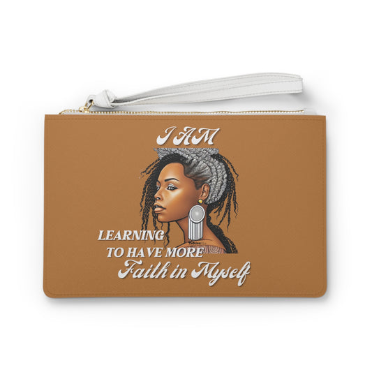 Faith In Myself- Positive Afrocentric Affirmation Vegan Leather Clutch Bag- Empower Your Style and Self-Love; Brown Clutch
