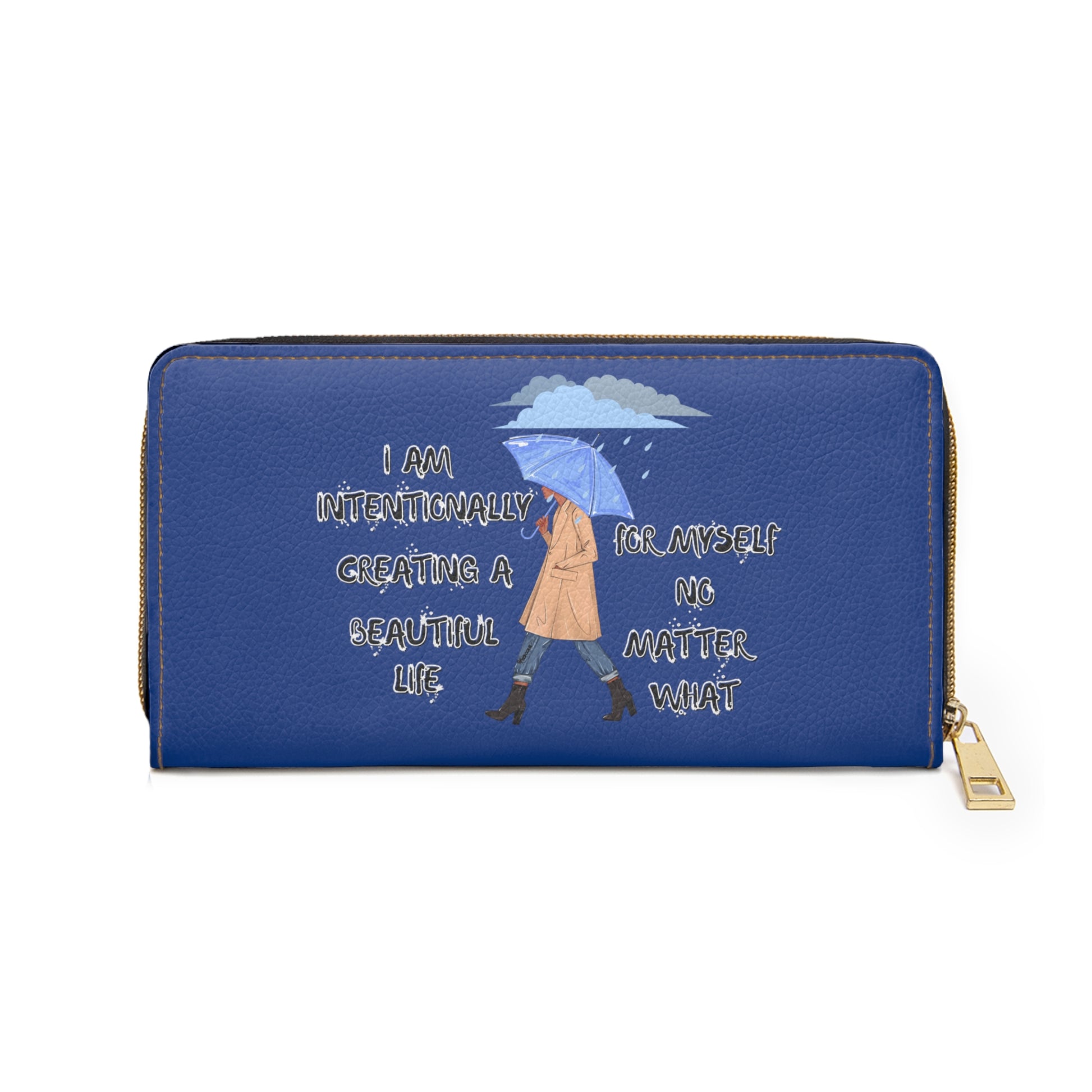 "I AM Intentionally Creating A Beautiful Life"- Positive Afrocentric Affirmation Vegan Leather Wallet Bag- Empower Your Style and Self-Love' ; Blue Wallet