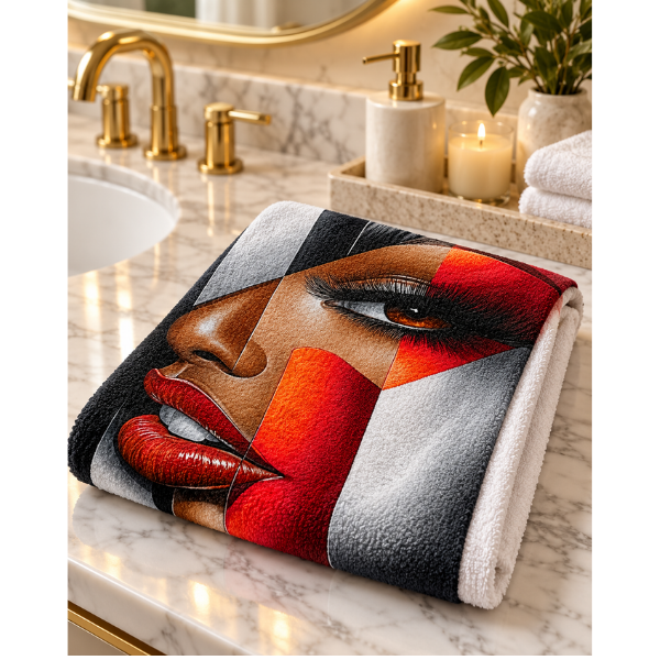 Black Woman Bathroom Wall Art Towel | “I’m Looking at You” Afrocentric Queen | Chic Red Silver Abstract Bath Towel