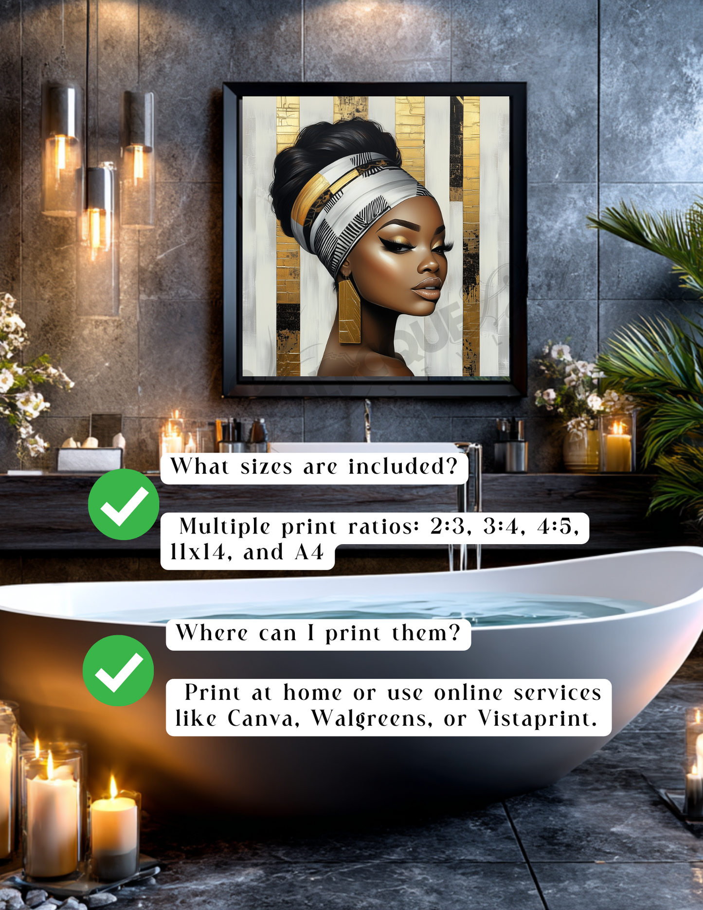 Afro-Luxury Bathroom Wall Art Set | Bold Black Woman Portraits | Digital Download Decor