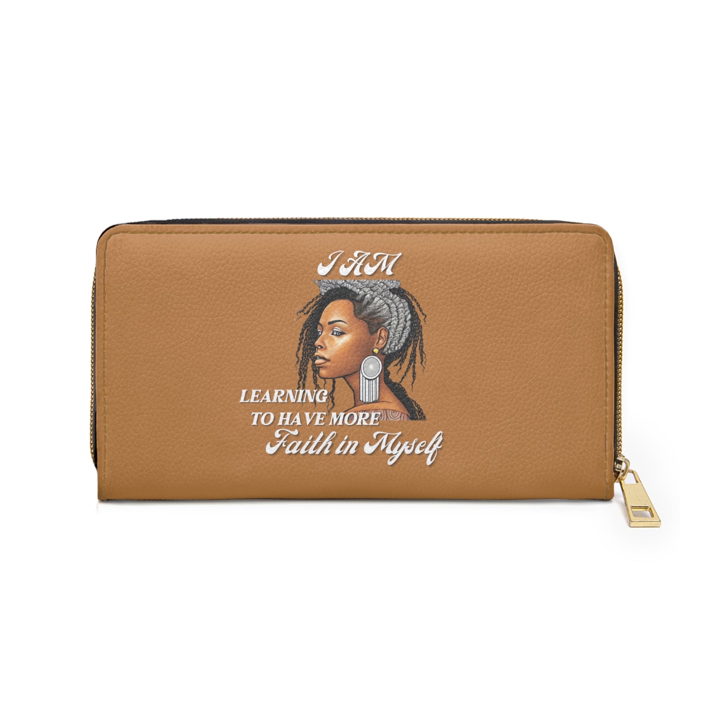 " Faith In Myself" -Positive Afrocentric Affirmation Vegan Leather Wallet Bag- Empower Your Style and Self-Love; Brown Wallet