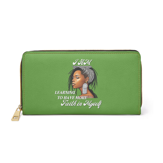 " Faith In Myself" -Positive Afrocentric Affirmation Vegan Leather Wallet Bag- Empower Your Style and Self-Love; Green Wallet