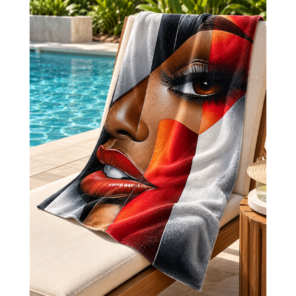 Black Woman Bathroom Wall Art Towel | “I’m Looking at You” Afrocentric Queen | Chic Red Silver Abstract Bath Towel