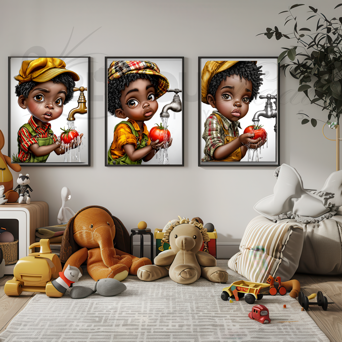 Whimsical Afrocentric Nursery Wall Art | Little Black Boys Farm-to-Table Prints | Digital Download for Kitchen, Playroom & Classroom