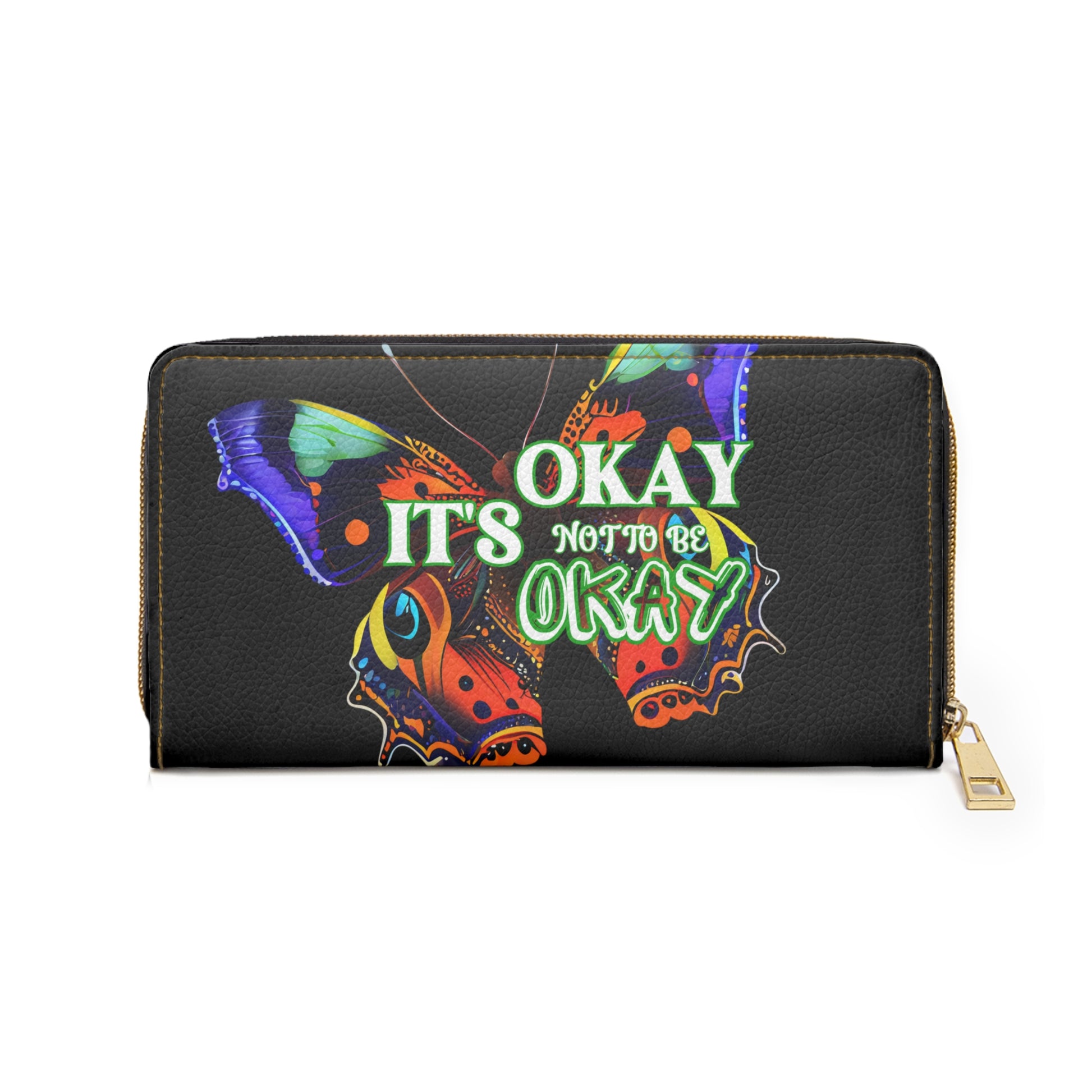 IT’S OKAY, NOT TO BE OKAY- Positive Afrocentric Affirmation Vegan Leather Wallet Bag- Empower Your Style and Self-Love ; Black Butterfly Wallet
