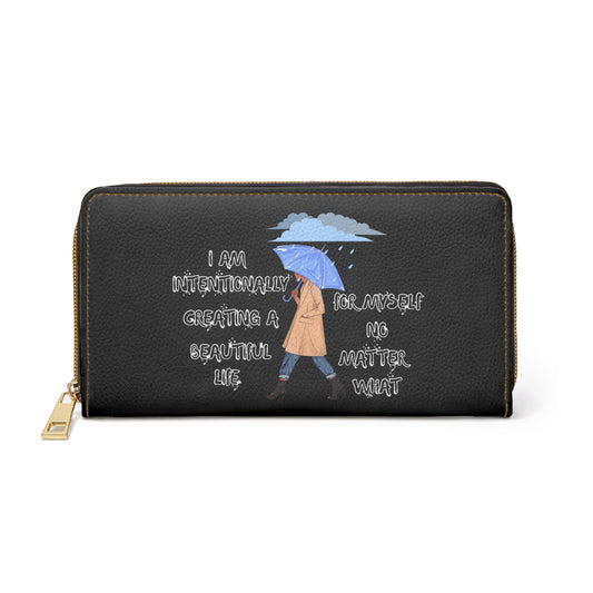 "I AM Intentionally Creating A Beautiful Life"- Positive Afrocentric Affirmation Vegan Leather Wallet Bag- Empower Your Style and Self-Love' ; Black Wallet