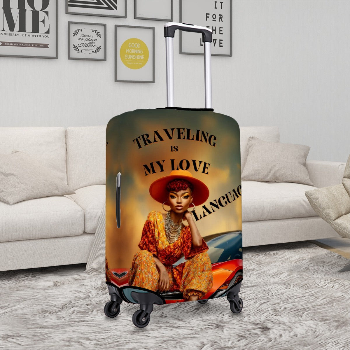 Traveling Is My Love Language Luggage Cover | Afrocentric Travel Art | Protective Suitcase Cover | Gift for Women