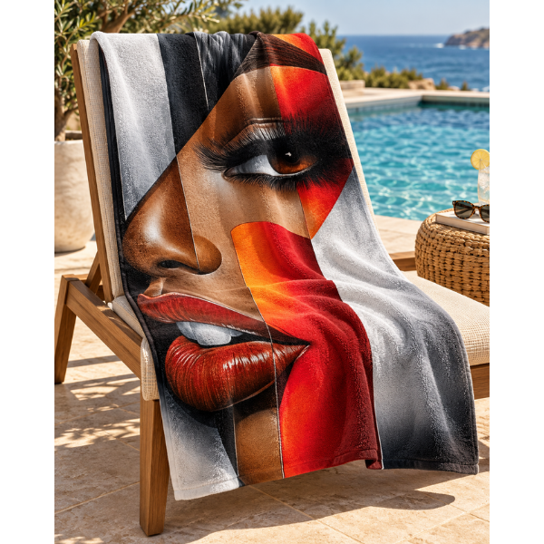 Black Woman Bathroom Wall Art Towel | “I’m Looking at You” Afrocentric Queen | Chic Red Silver Abstract Bath Towel