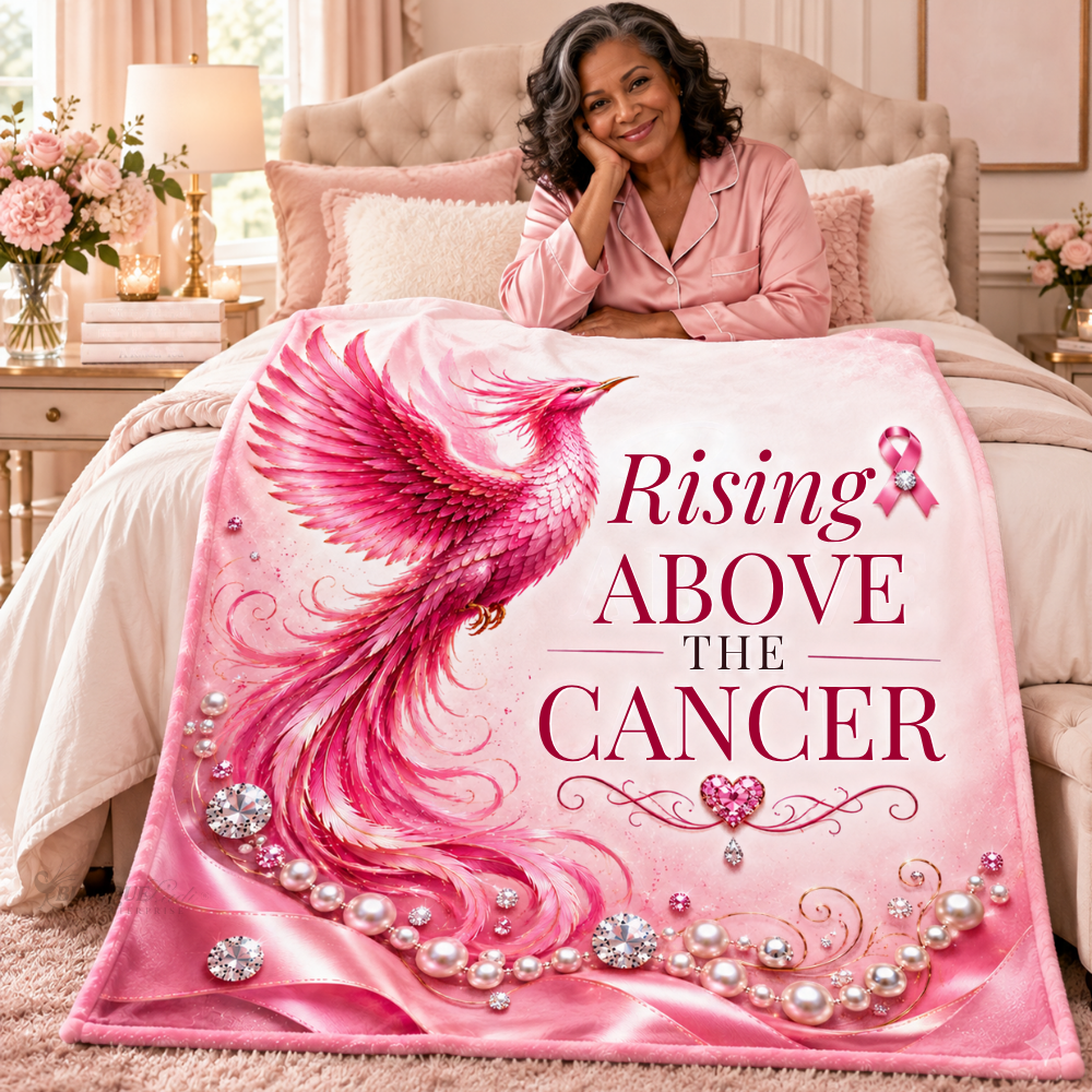 Rising Above Cancer Blanket for Women | Breast Cancer Survivor Gift | Pink Phoenix Awareness Throw