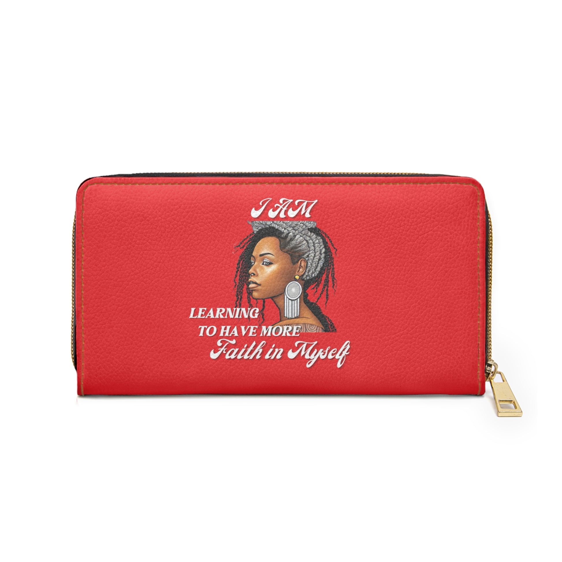 " Faith In Myself" -Positive Afrocentric Affirmation Vegan Leather Wallet Bag- Empower Your Style and Self-Love; Red Wallet