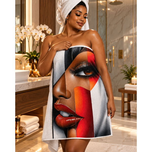 Black Woman Bathroom Wall Art Towel | “I’m Looking at You” Afrocentric Queen | Chic Red Silver Abstract Bath Towel