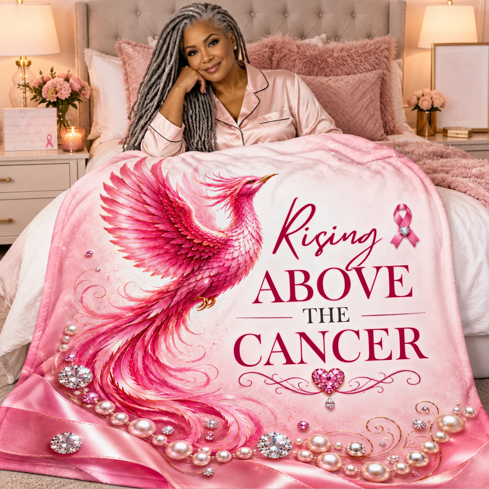 Rising Above Cancer Blanket for Women | Breast Cancer Survivor Gift | Pink Phoenix Awareness Throw