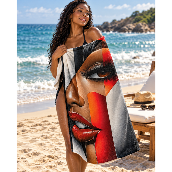Black Woman Bathroom Wall Art Towel | “I’m Looking at You” Afrocentric Queen | Chic Red Silver Abstract Bath Towel