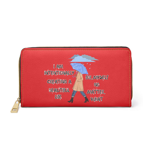 "I AM Intentionally Creating A Beautiful Life"- Positive Afrocentric Affirmation Vegan Leather Wallet Bag- Empower Your Style and Self-Love' ; Red Wallet