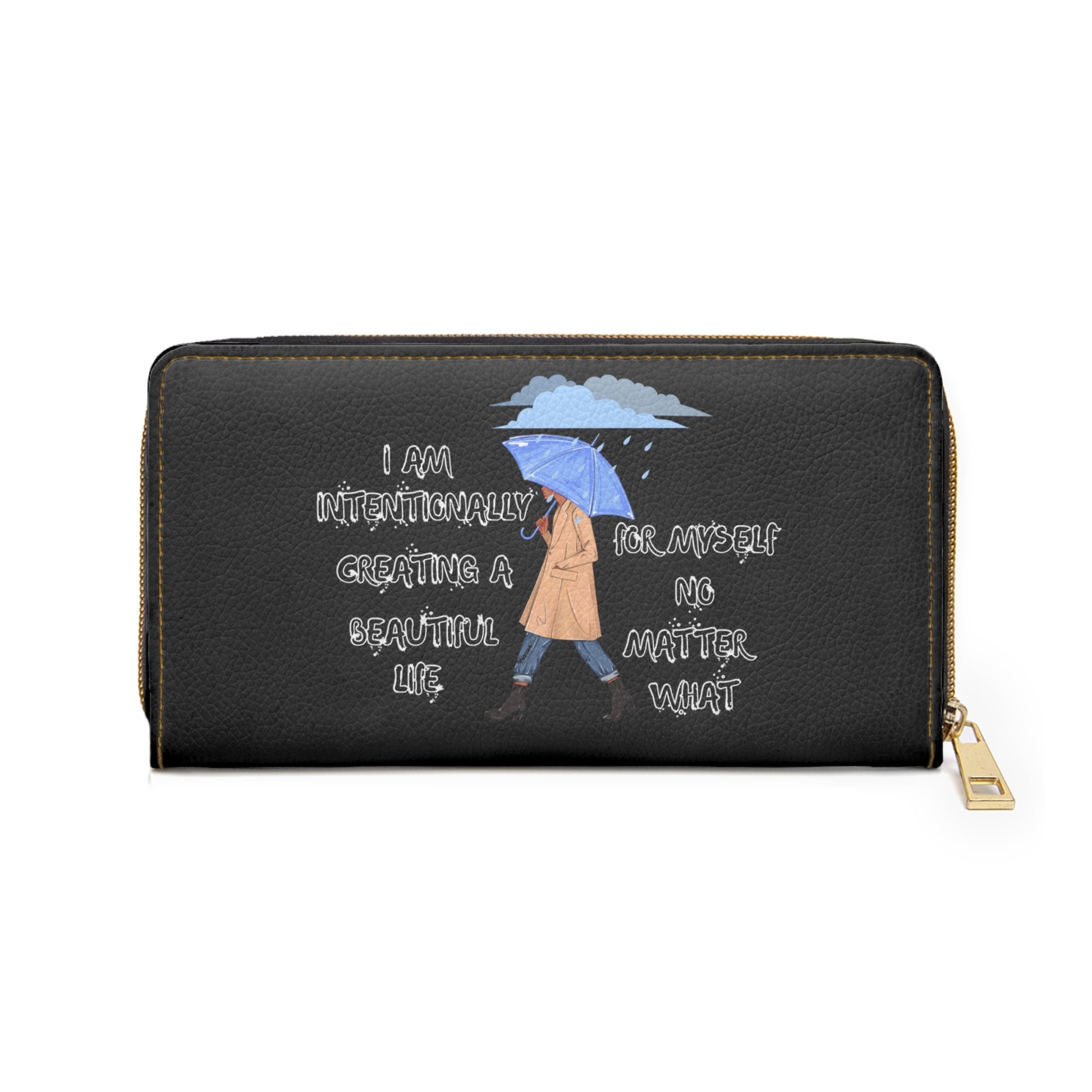 "I AM Intentionally Creating A Beautiful Life"- Positive Afrocentric Affirmation Vegan Leather Wallet Bag- Empower Your Style and Self-Love' ; Black Wallet