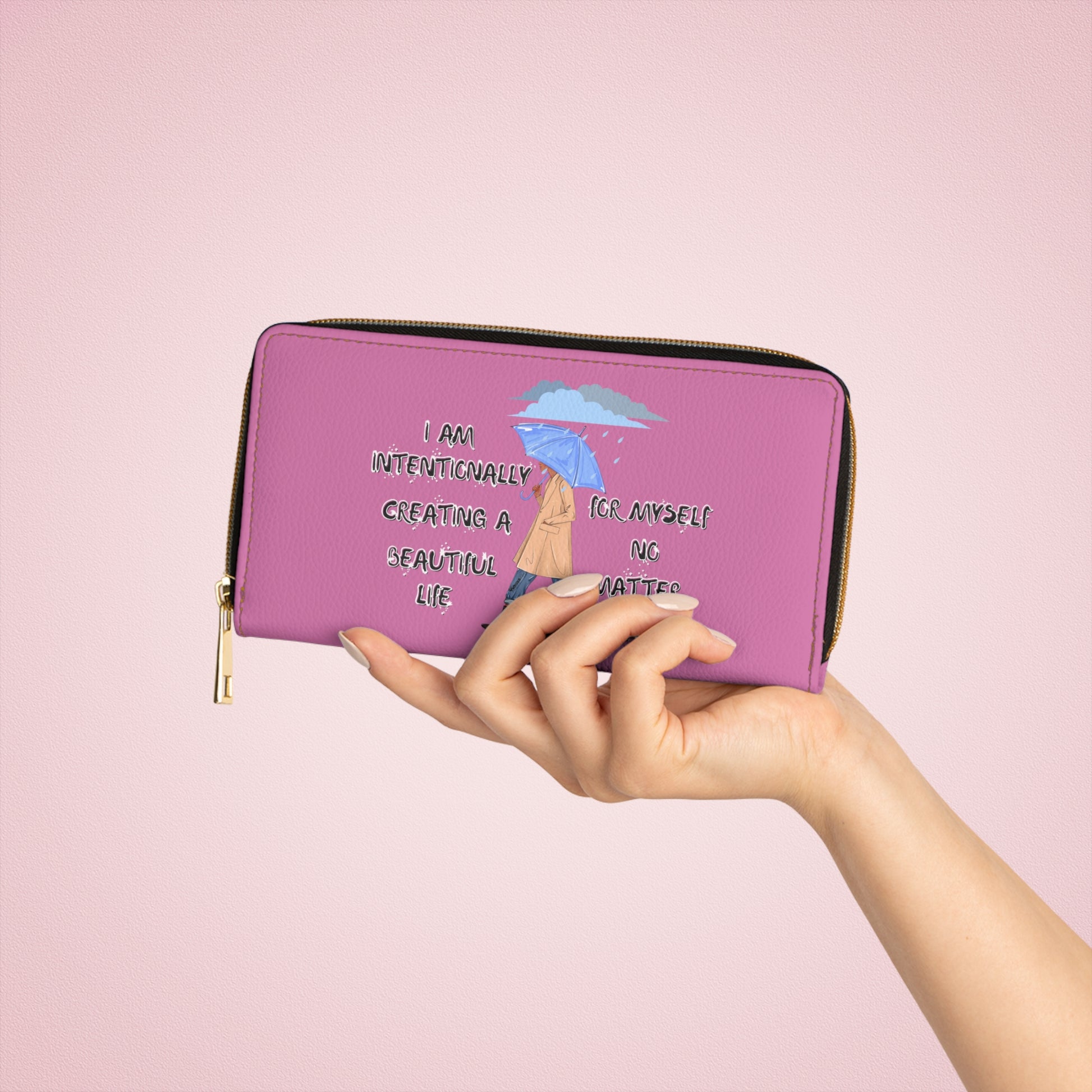 "I AM Intentionally Creating A Beautiful Life"- Positive Afrocentric Affirmation Vegan Leather Wallet Bag- Empower Your Style and Self-Love' ; Pink Wallet