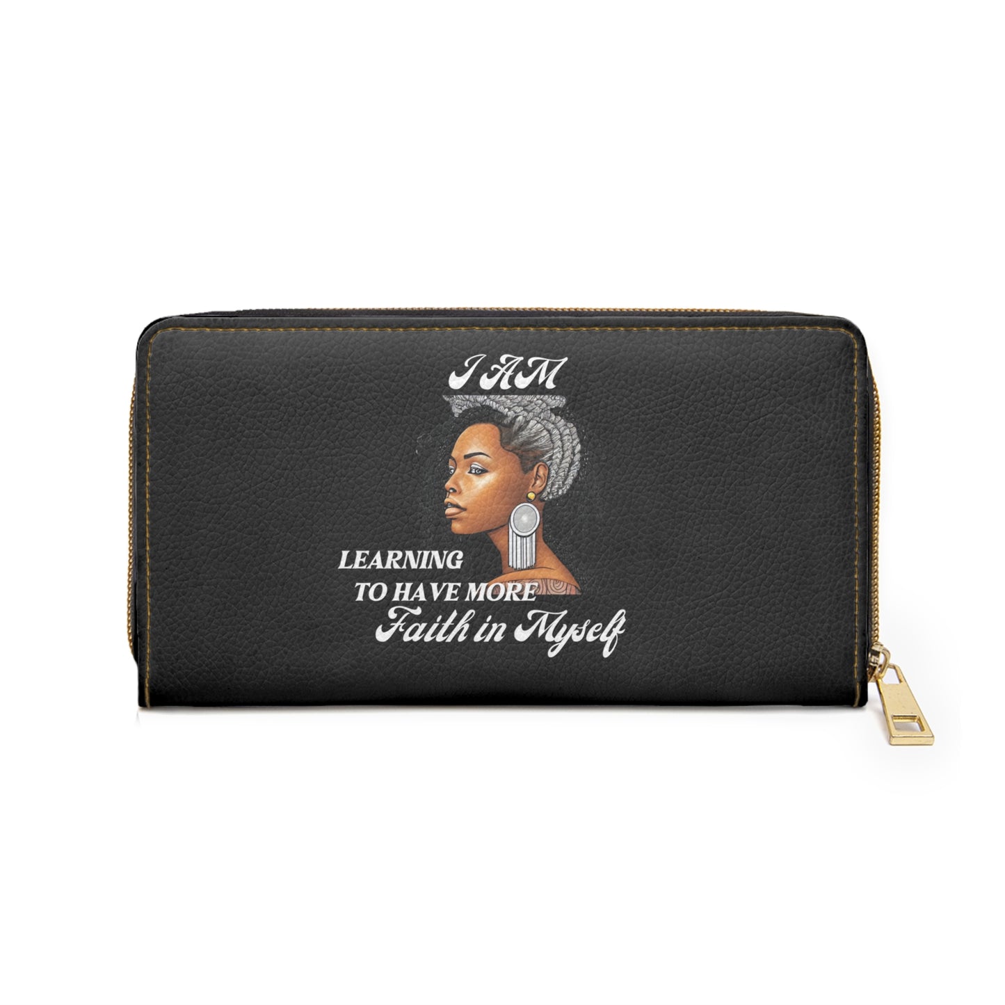 " Faith In Myself" -Positive Afrocentric Affirmation Vegan Leather Wallet Bag- Empower Your Style and Self-Love; Black Wallet