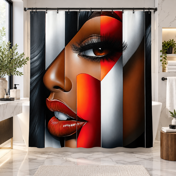 Black Woman Bathroom Wall Art Shower Curtain | “I’m Looking at You” Afrocentric Queen | Red & Silver Abstract Chic Bathroom Decor