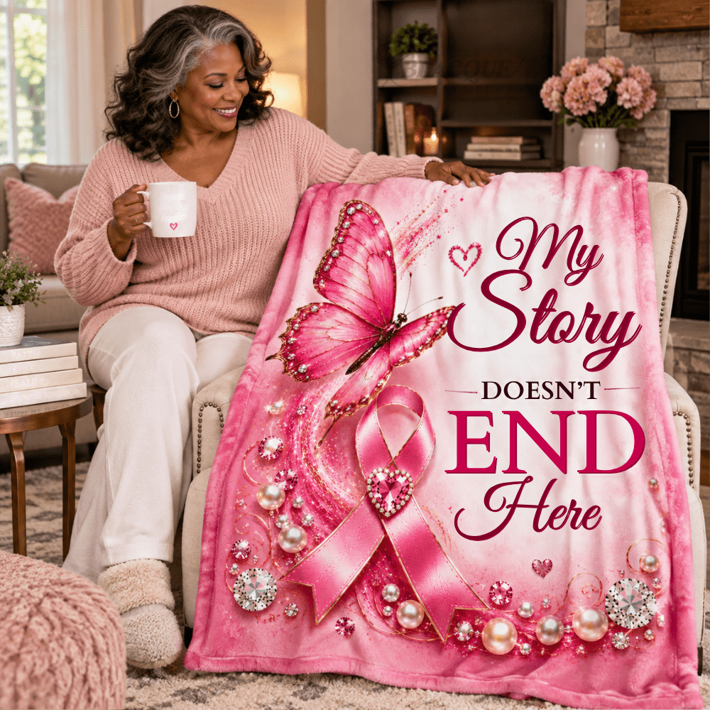 My Story Doesn’t End Here Breast Cancer Blanket | Pink Ribbon & Butterfly Survivor Gift