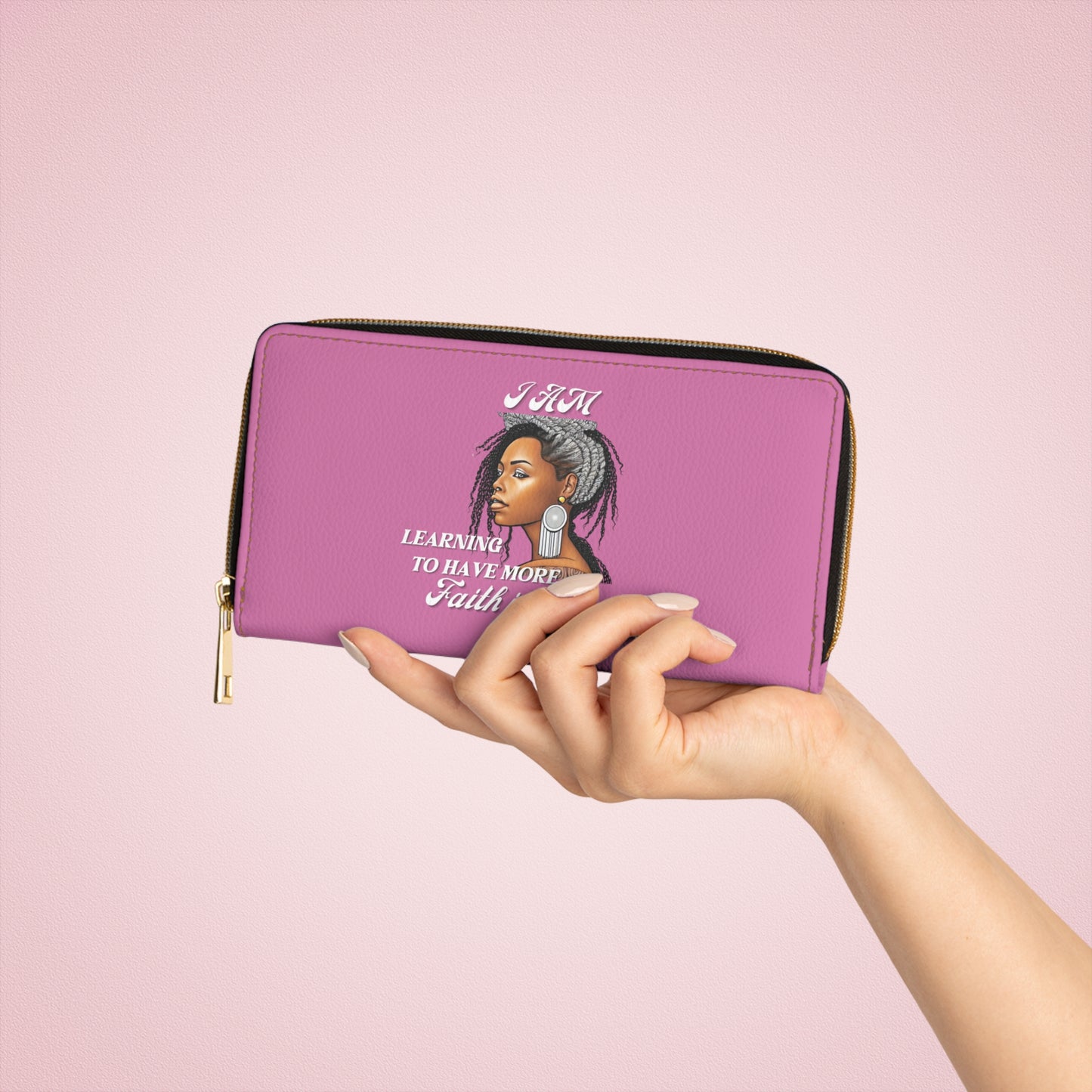 " Faith In Myself" -Positive Afrocentric Affirmation Vegan Leather Wallet Bag- Empower Your Style and Self-Love; Pink Wallet