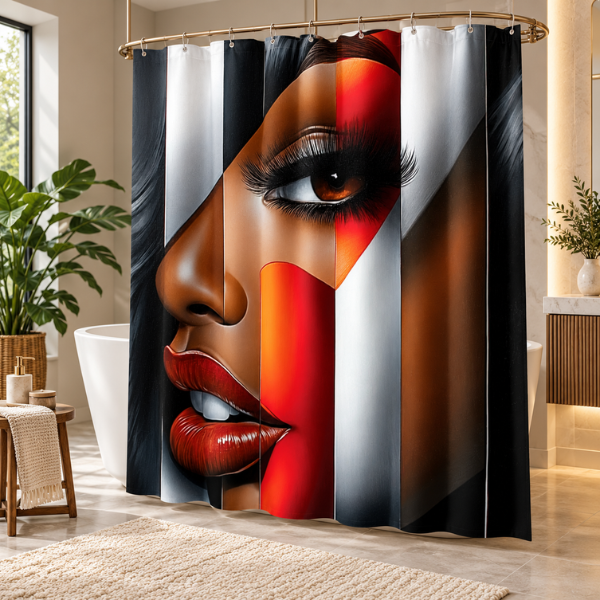 Black Woman Bathroom Wall Art Shower Curtain | “I’m Looking at You” Afrocentric Queen | Red & Silver Abstract Chic Bathroom Decor