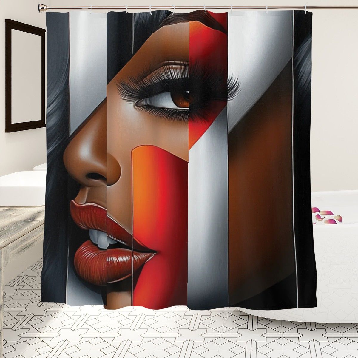 Black Woman Bathroom Wall Art Shower Curtain | “I’m Looking at You” Afrocentric Queen | Red & Silver Abstract Chic Bathroom Decor