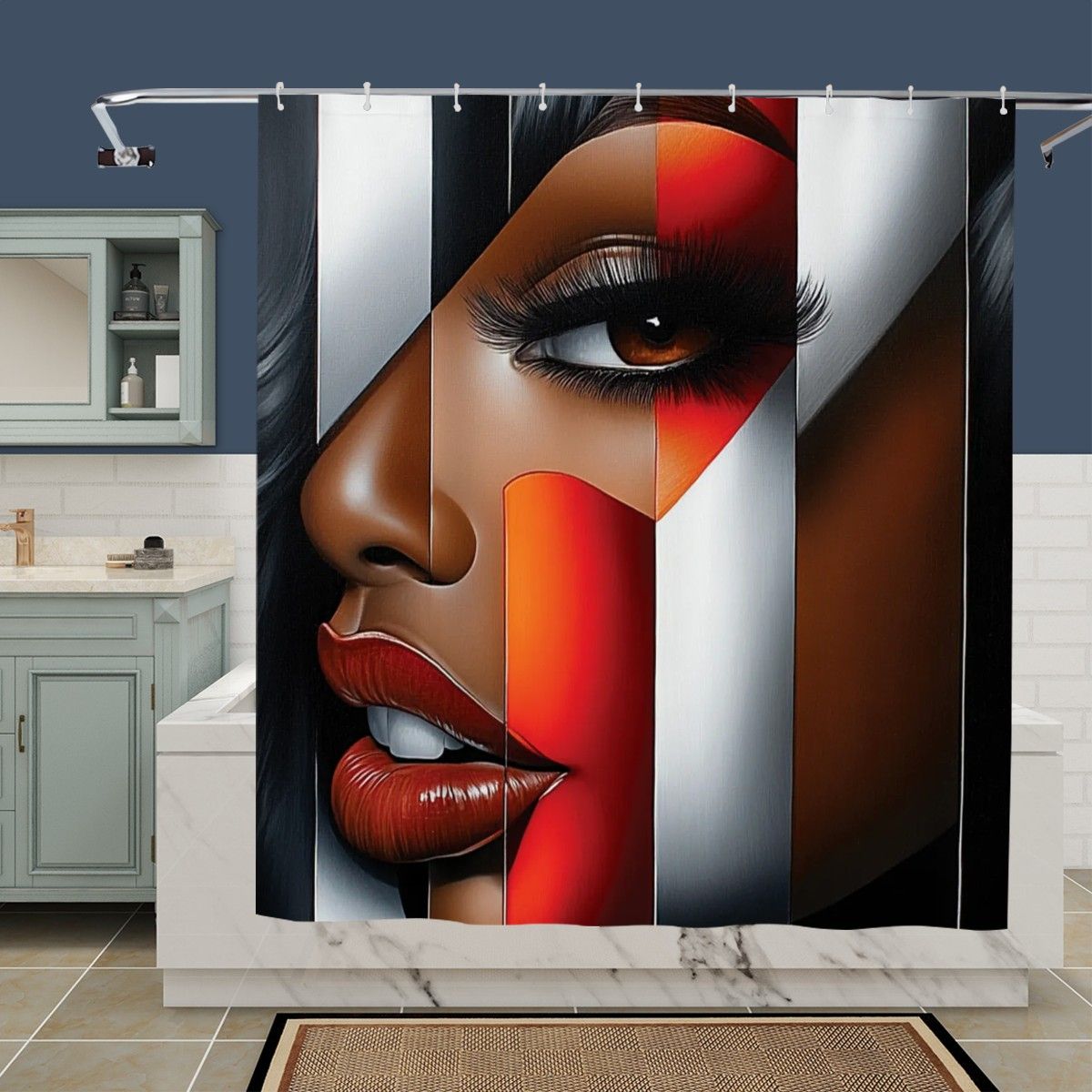 Black Woman Bathroom Wall Art Shower Curtain | “I’m Looking at You” Afrocentric Queen | Red & Silver Abstract Chic Bathroom Decor