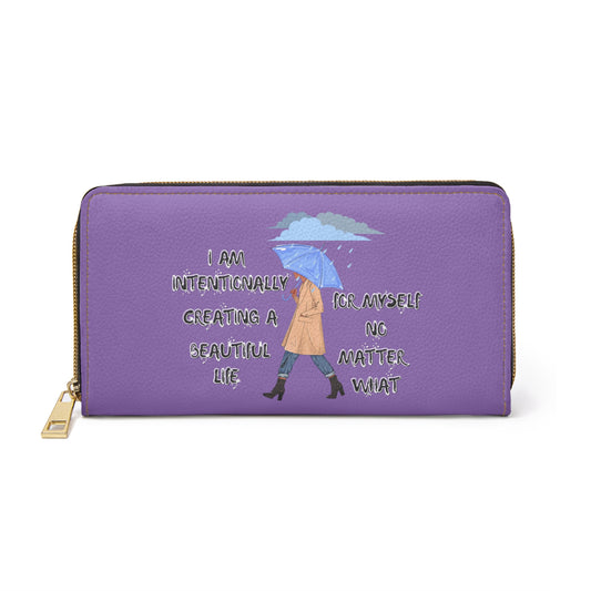 "I AM Intentionally Creating A Beautiful Life"- Positive Afrocentric Affirmation Vegan Leather Wallet Bag- Empower Your Style and Self-Love' ; Purple Wallet