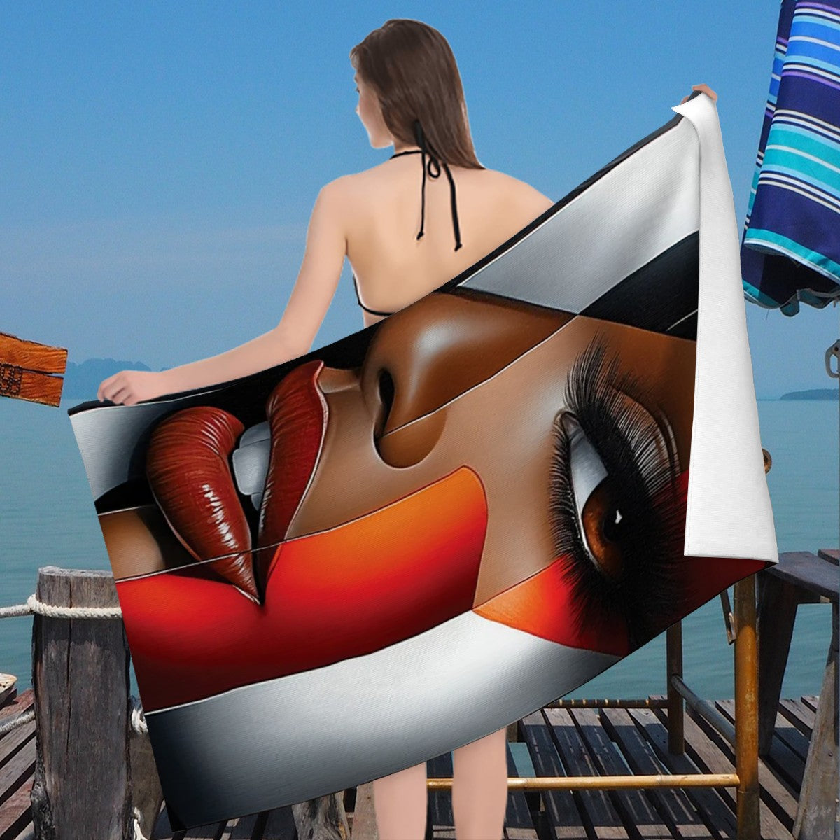 Black Woman Bathroom Wall Art Towel | “I’m Looking at You” Afrocentric Queen | Chic Red Silver Abstract Bath Towel
