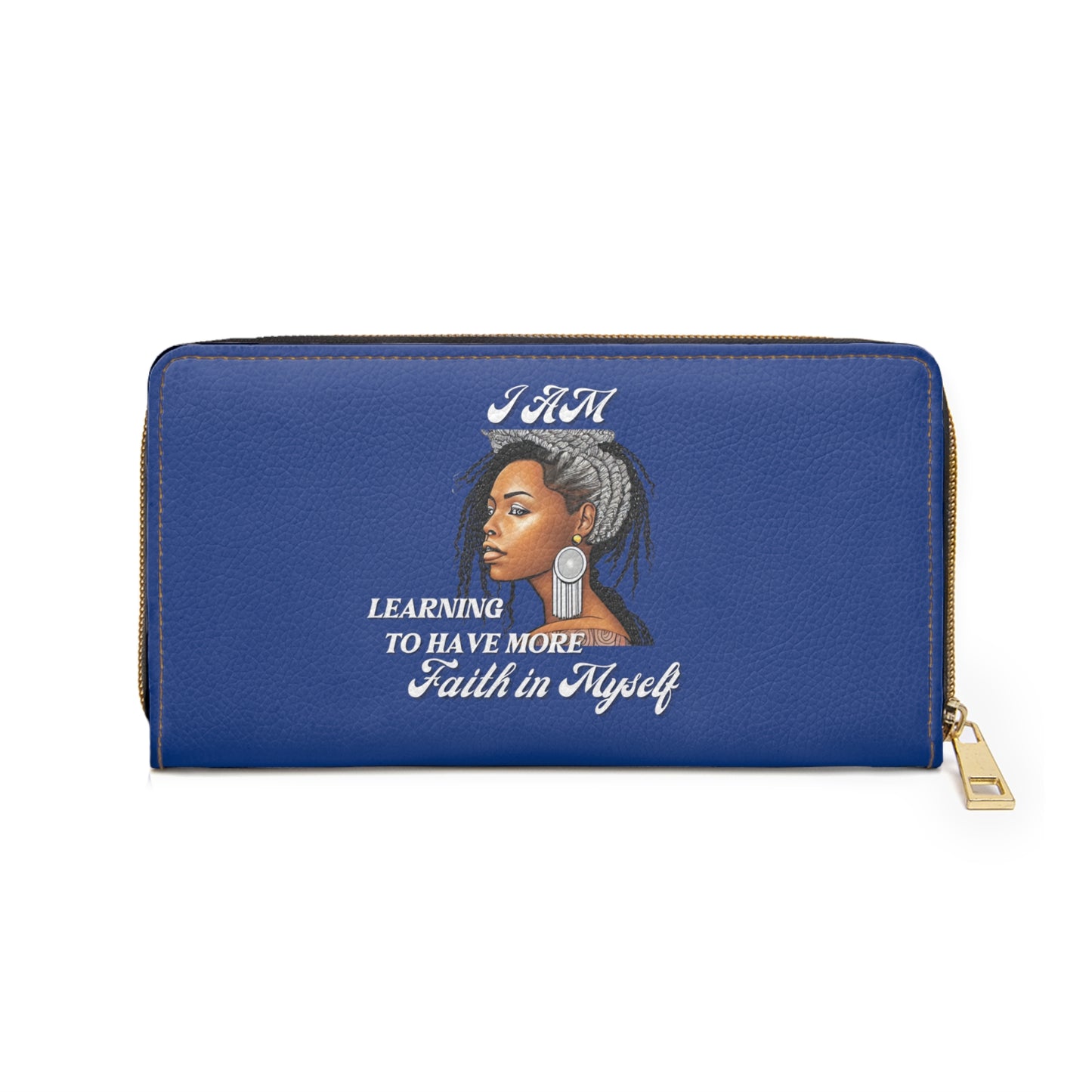 " Faith In Myself" -Positive Afrocentric Affirmation Vegan Leather Wallet Bag- Empower Your Style and Self-Love; Blue Wallet