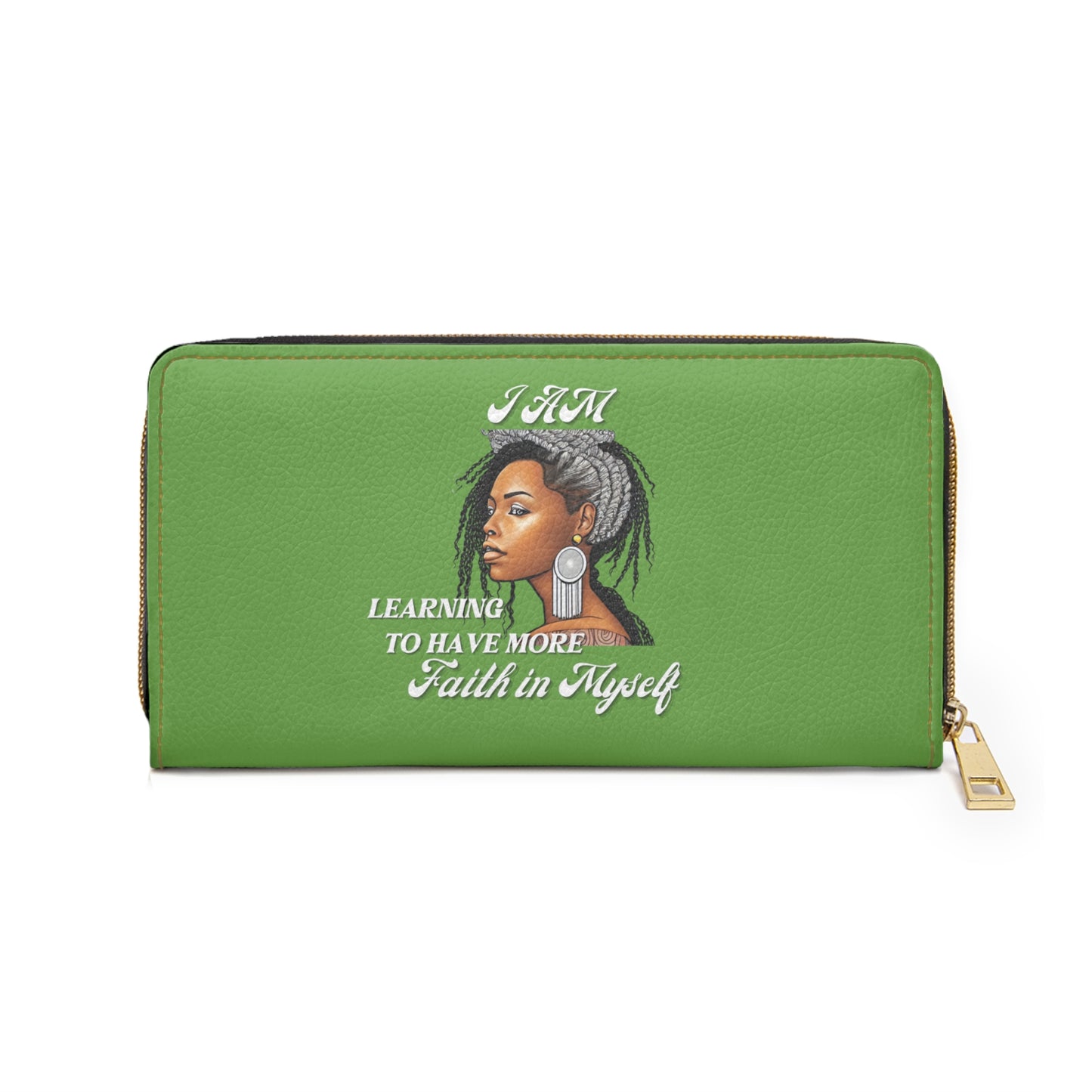 " Faith In Myself" -Positive Afrocentric Affirmation Vegan Leather Wallet Bag- Empower Your Style and Self-Love; Green Wallet