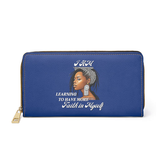 " Faith In Myself" -Positive Afrocentric Affirmation Vegan Leather Wallet Bag- Empower Your Style and Self-Love; Blue Wallet