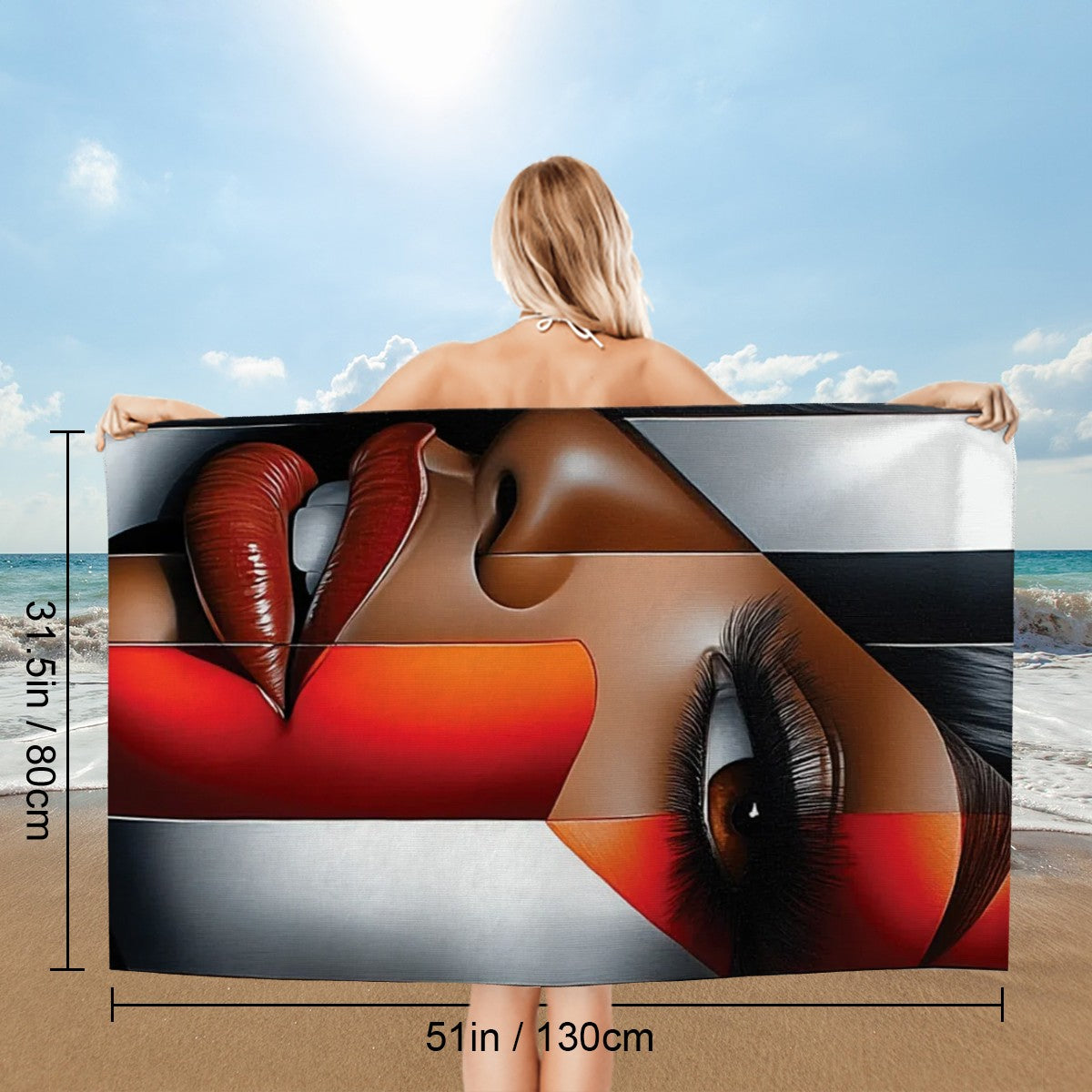 Black Woman Bathroom Wall Art Towel | “I’m Looking at You” Afrocentric Queen | Chic Red Silver Abstract Bath Towel