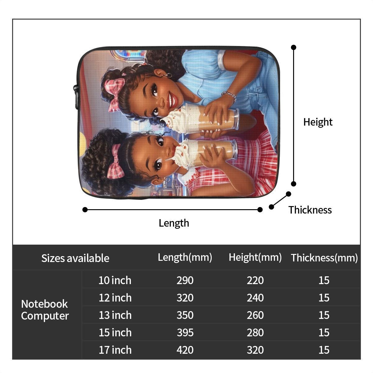 Little Girls Laptop Sleeve | Afrocentric Kids Laptop Case| Black Girl Magic School Tech Cover, Water‑Resistant Neoprene, Dual Zippers